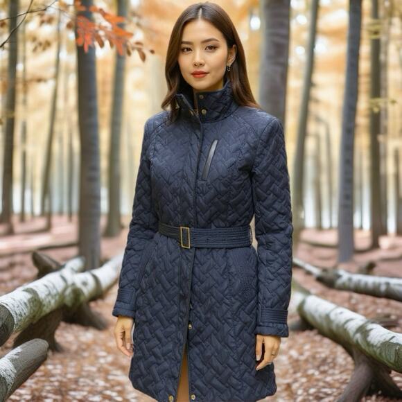 Cole Haan Jackets & Blazers - Cole Haan Signature NavyBlue Leather Trim quilted belted Coat Jacket SP Zip Snap